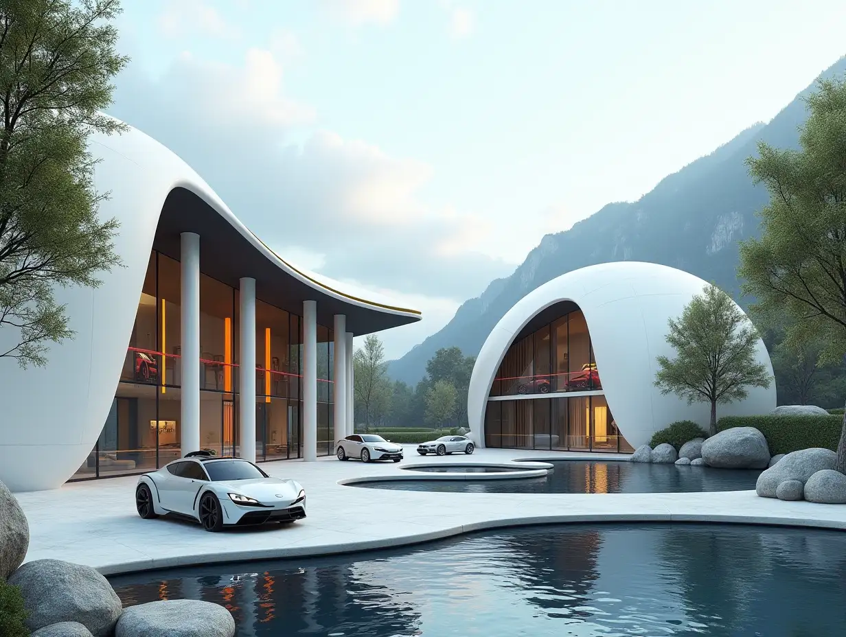 Create a high-resolution realistic image of a futuristic white building with black and gold, curved pillars, large trees mountains, rocks pool and a futuristic building with a glass panel with red striped cars