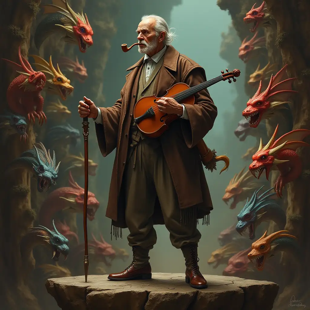 Ultra detailed hyperrealistic portrait of a thin 80 year old man with brown skin, holding a pipe and violin, standing on a table on a rock in a palace with various elaborately detailed, colorful fantastical creatures.