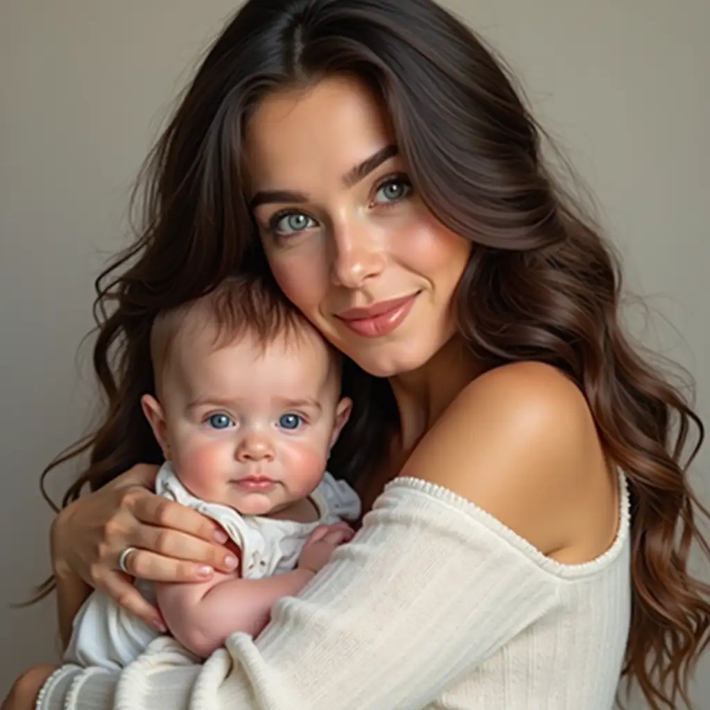 a beautiful woman with long, wavy, dark brown hair, blue eyes, and fair skin, with her 2-year-old daughter and baby in a loving pose, wearing modest clothing, round face