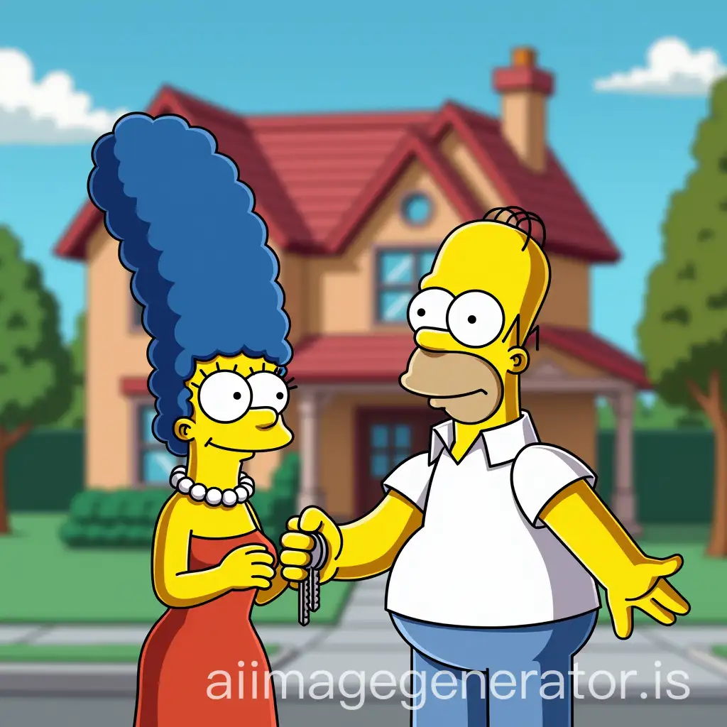 Homer Simpson and in front of a beautiful house he holds the keys in his hand because he just bought it his wife Marge Simpson stands next to him she is happy