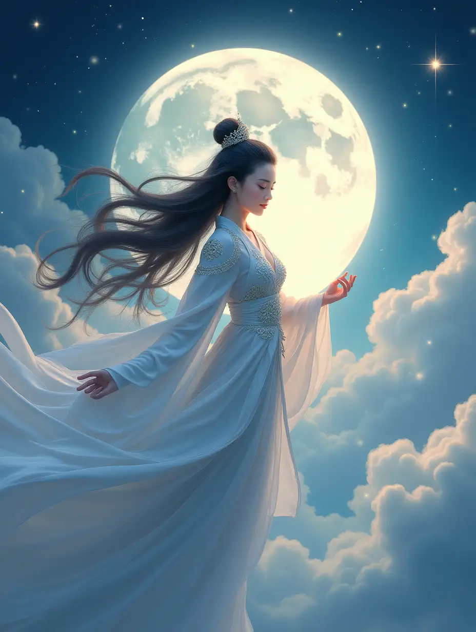 Chang'e, the Moon Goddess, gracefully flying across the sky, surrounded by glowing clouds and soft moonlight. She wears traditional Chinese celestial robes adorned with intricate patterns, her long hair flowing elegantly in the breeze. The background features a dreamy night sky with sparkling stars and a radiant full moon, creating a magical and serene atmosphere that highlights her ethereal and divine beauty