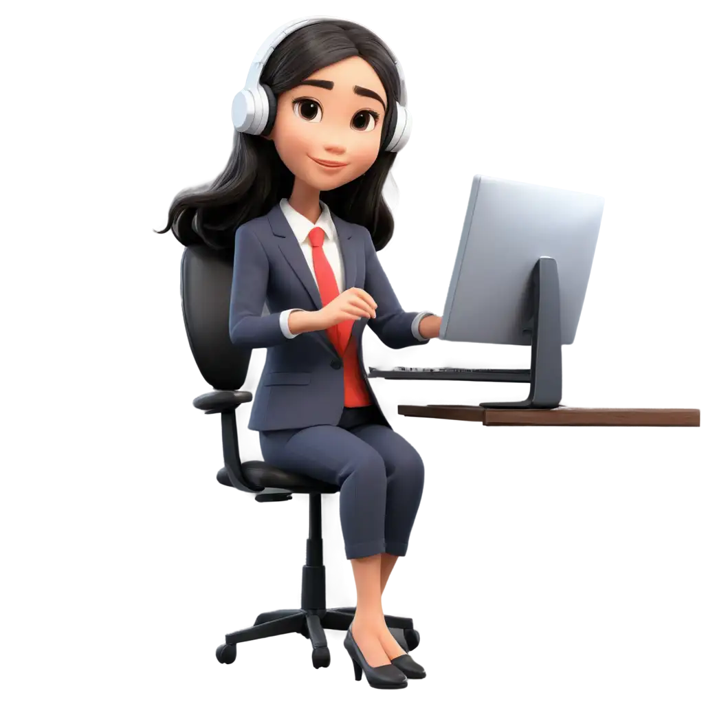 Professional-Asian-Female-Cartoon-PNG-Image-with-Long-Hair-Suit-and-Headset