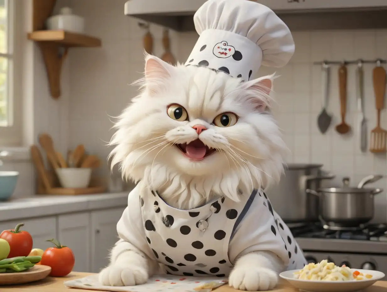 a white Persian cat wearing a spotted apron and chef's hat, smiling broadly with happiness, in a small kitchen, 3d disney inspire