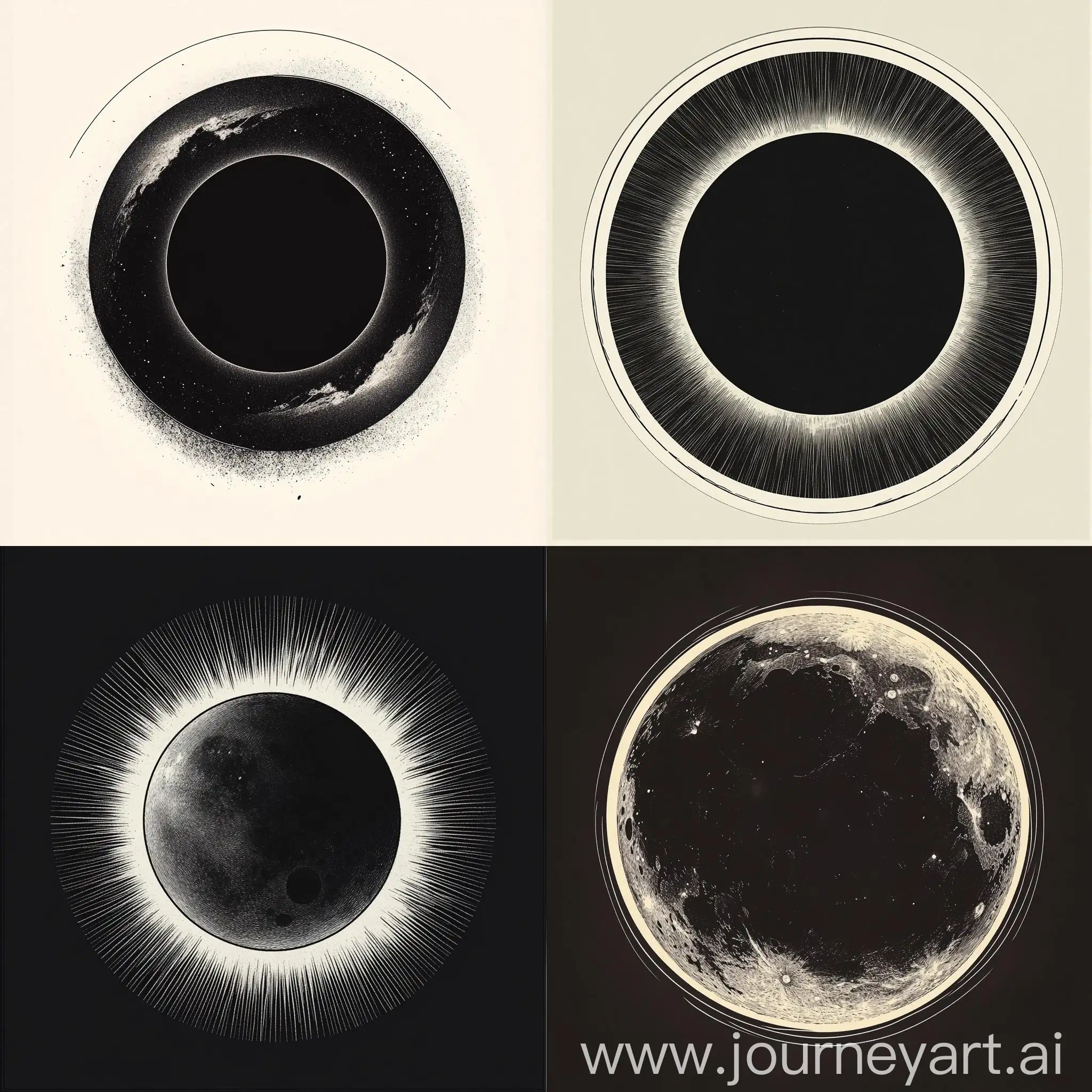 Minimalistic-Solar-Eclipse-Illustration-with-Moons-Cratered-Surface-and-Suns-Glowing-Corona