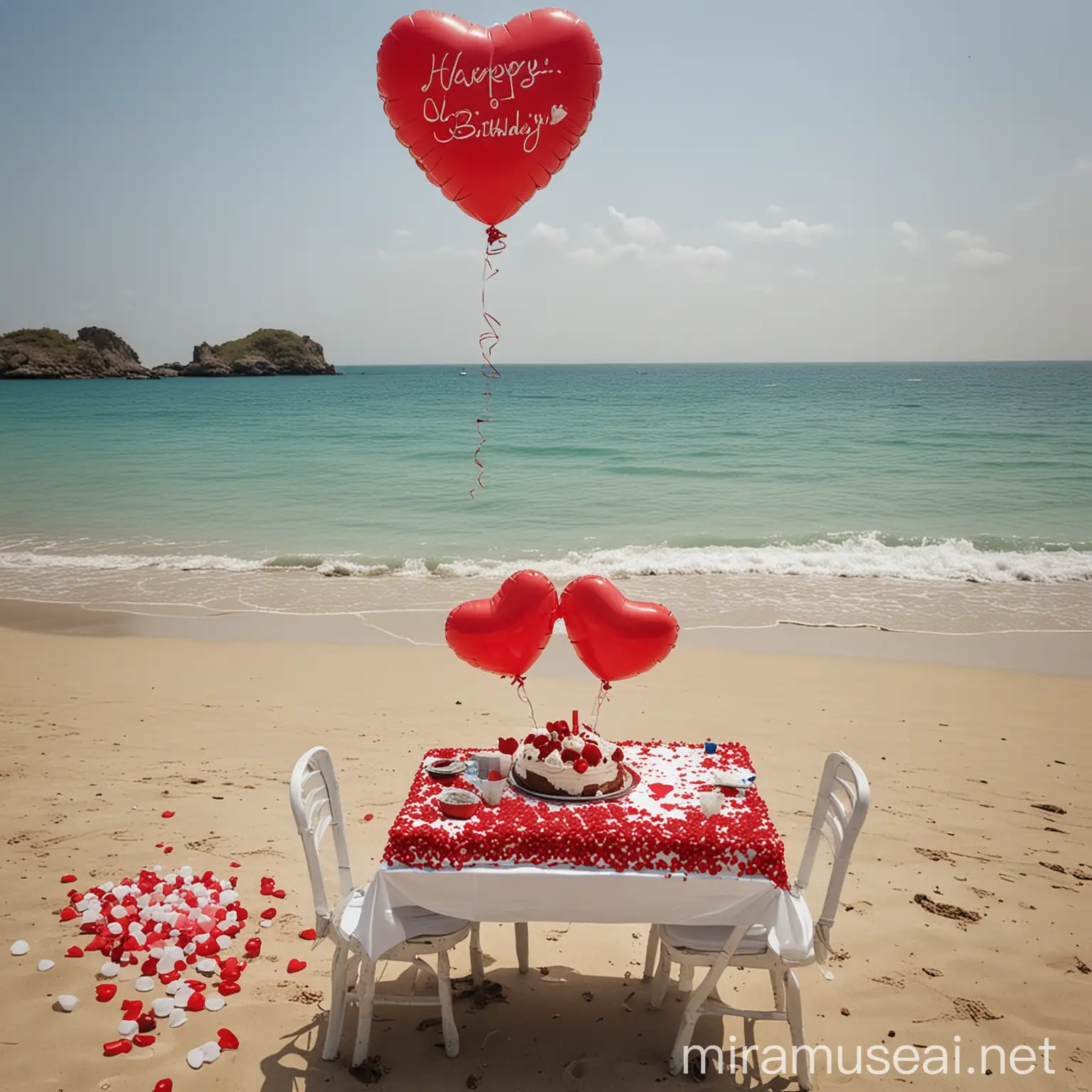 Island Beach Birthday Celebration with Cake and HeartShaped Balloons