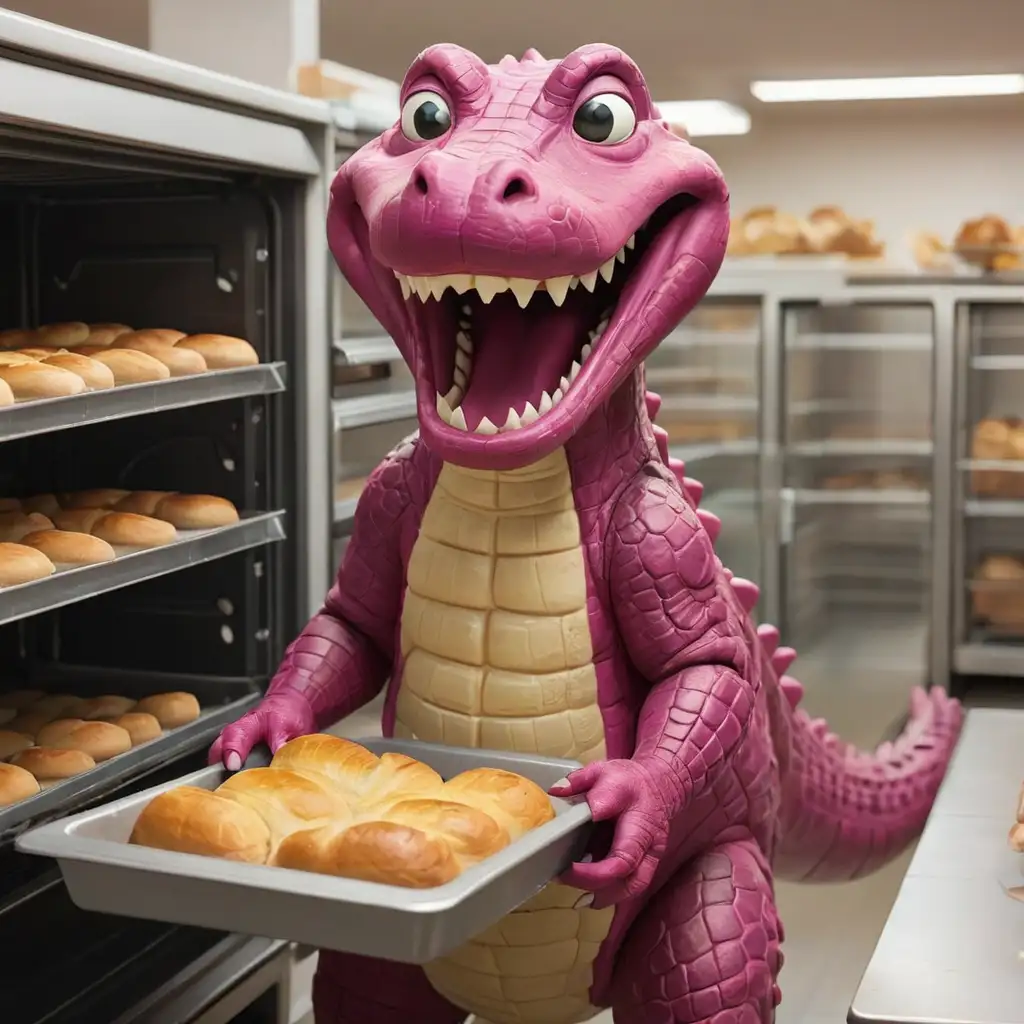 Magenta Crocodile Baking Bread in Supermarket Kitchen