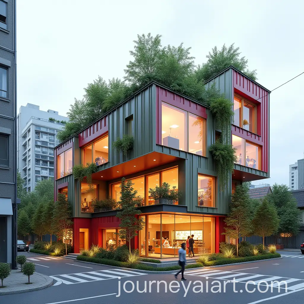 ThreeStory-PuzzleInspired-Building-with-Rooftop-Garden-and-Colorful-Steel-Walls