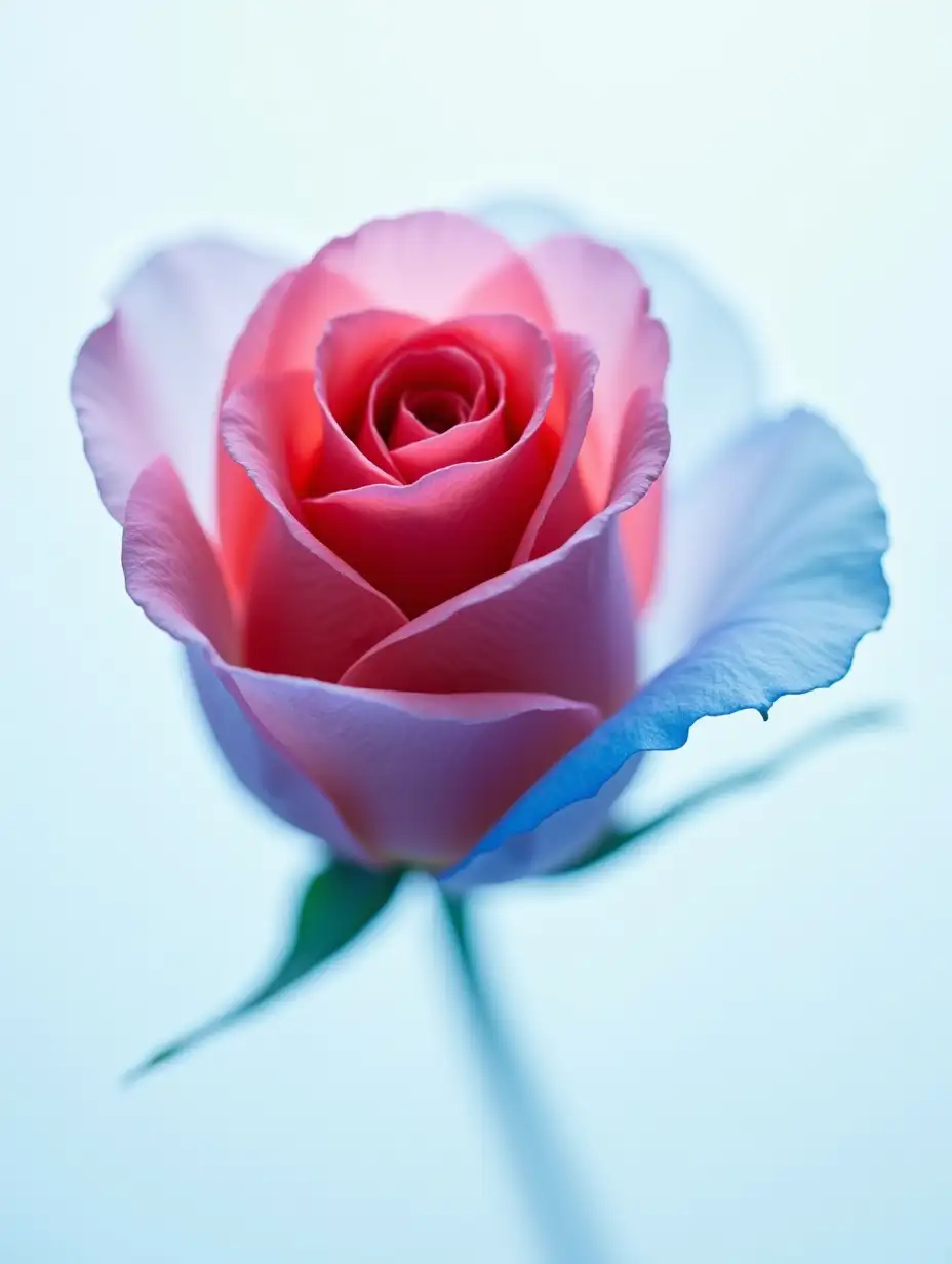 Still Life Macro | Close-up of a small, vibrant red+blue transparent rose | Solid white backdrop | Macro photography perspective, angled | Soft, natural lighting | X-ray-like detail; Fine texture; High resolution; Fresh and natural style; 8K