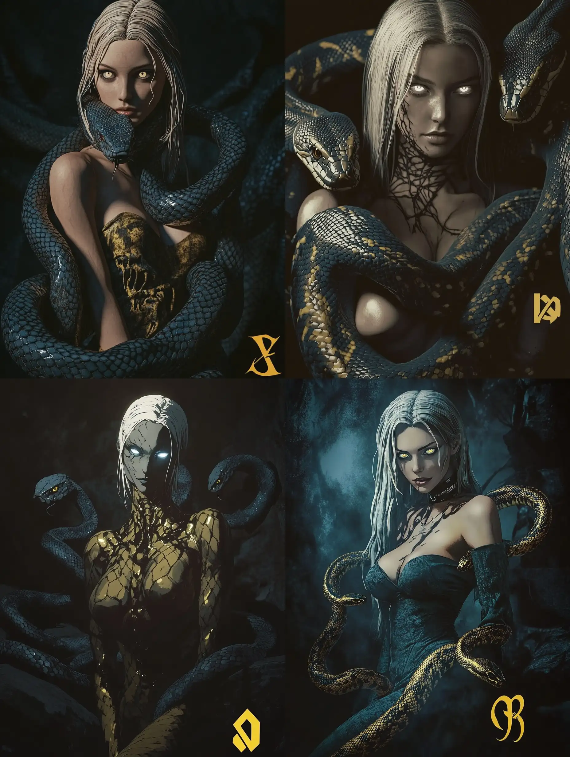 Ethereal-Woman-Surrounded-by-Mystical-Serpents-in-a-Shadowy-Landscape