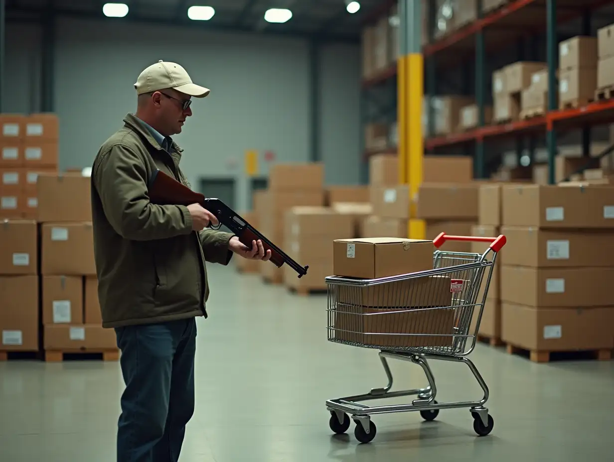 A man with a shotgun guarding a shopping cart with boxes in it at a warehouse, in the style of a Wes Anderson movie