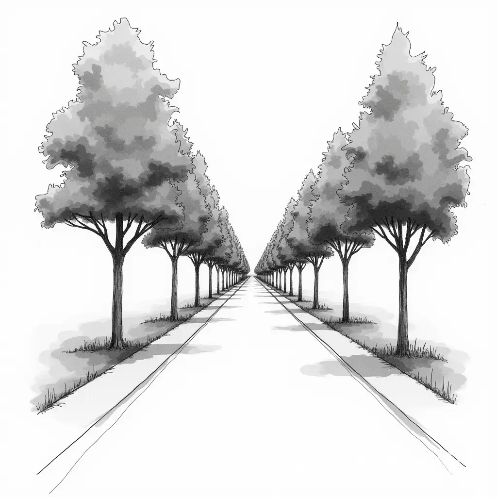 Freehand technical sketch of a sustainable tree-lined pedestrian and bicycle path, drawn in crisp black ink (no graphite) on smooth, lightly textured paper. The perspective uses a single vanishing point, showing the path receding cleanly into the distance between rows of native trees with balanced canopy shapes.