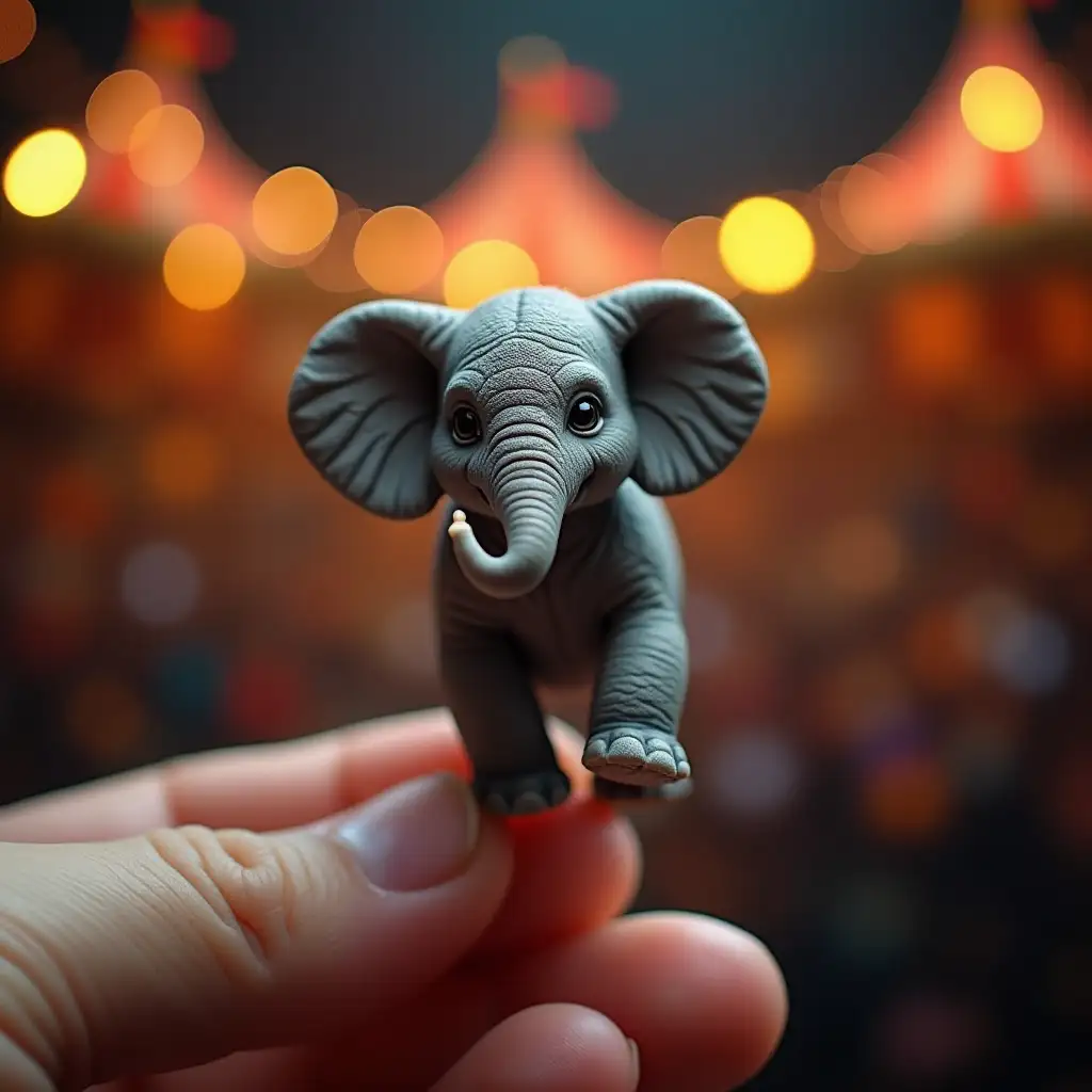 A tiny elephant balancing on one leg on a human finger, with a circus-themed background and colorful lights.