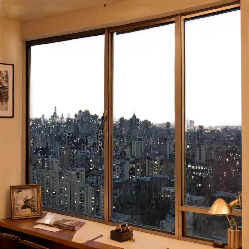 Dimly-Lit-Apartment-with-RainStreaked-Window-and-Bustling-City-View-HighQuality-PNG-Image