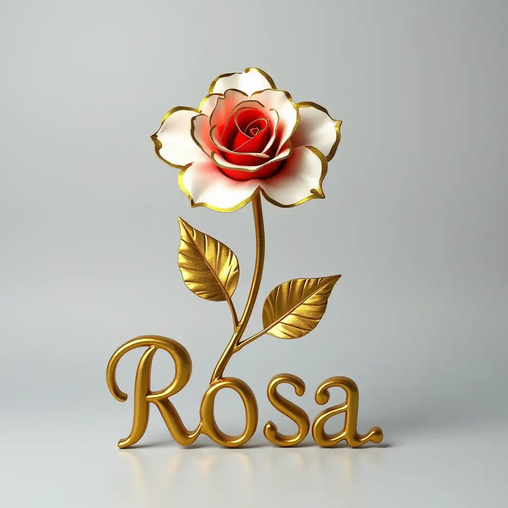 A photo of a golden metal rose with white petals edged in gold. The rose has a red center and is slightly inclined over the name 'Rosa' in a polished gold font. The leaves of the rose are also made of gold metal. The background is a pristine gray.