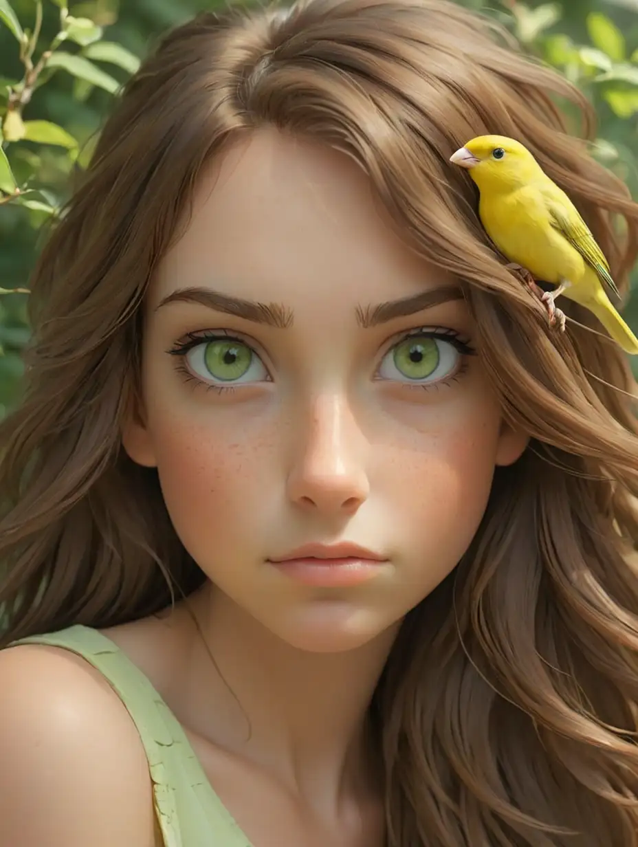 Canary Girl with Brown Hair and Green Eyes