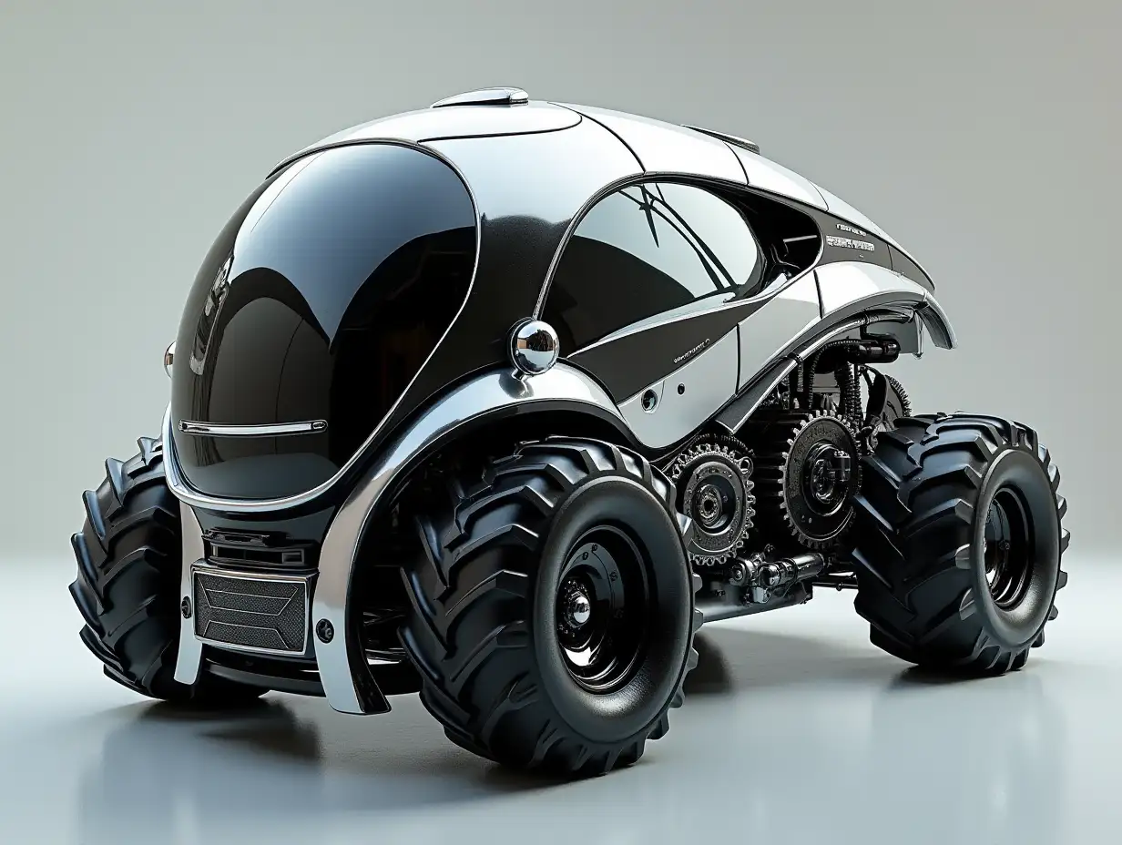 A supermodern utopian sportomnibus with gears, aluminum wheels, wide tires, black and white ,and silver colors,utopian, silver-black striped, chrome-wheels, Cyberpunk