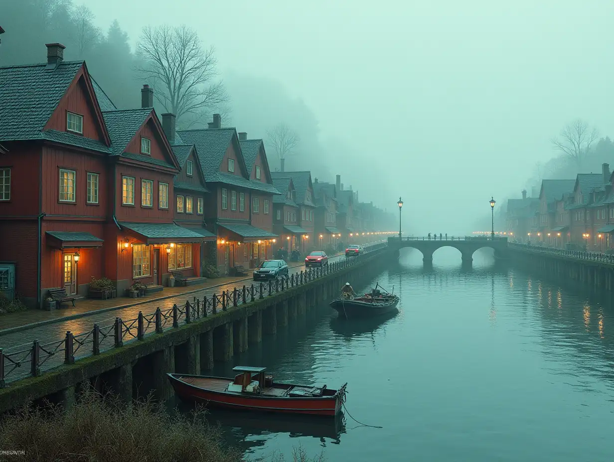 Dreamlike houses next to a river, with a bridge, cars, fishing nets, people walking along the promenade and a small boat. Cyberpunk