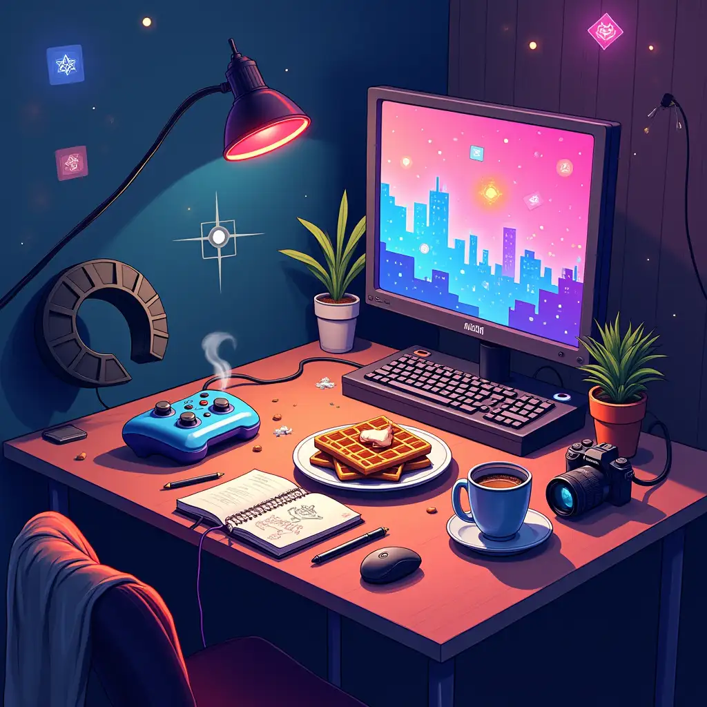 Style: Vibrant, modern digital illustration with a playful mix of gaming and lifestyle elements. Scene: A dynamic tabletop setup resembling a 'platter.' On the left, a glowing gaming controller sits beside a steaming mug of coffee, a notebook with doodles, and a plate of waffles. On the right, a keyboard, camera gear, and a potted succulent blend into a colorful cityscape background. Details: Soft neon lights hover above, casting warm glows. Floating pixels and subtle glitch effects merge with cozy textures (wood grain, fabric). A small 'PlayPlatter' logo (retro arcade font) sits at the center. Mood: Inviting, energetic, and slightly whimsical. Color Palette: Electric blues and purples (gaming) contrast with warm oranges and creams (lifestyle).