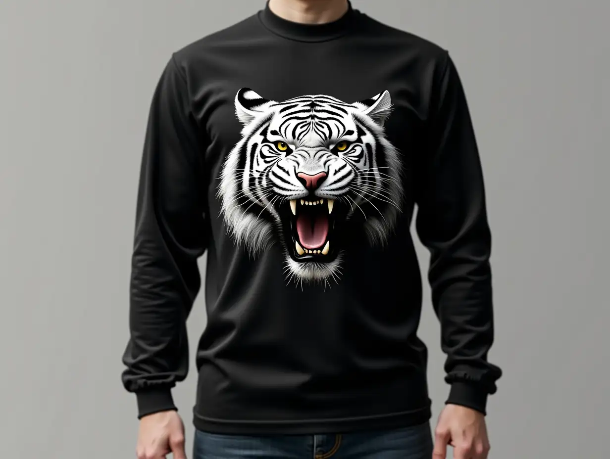 make a black T-shirt, long sleeves, on the chest there is a picture of a dashing white tiger's head, mouth gaping, with sharp teeth and tongue sticking out, portrait realistic front facing, 3D, 5K rendering