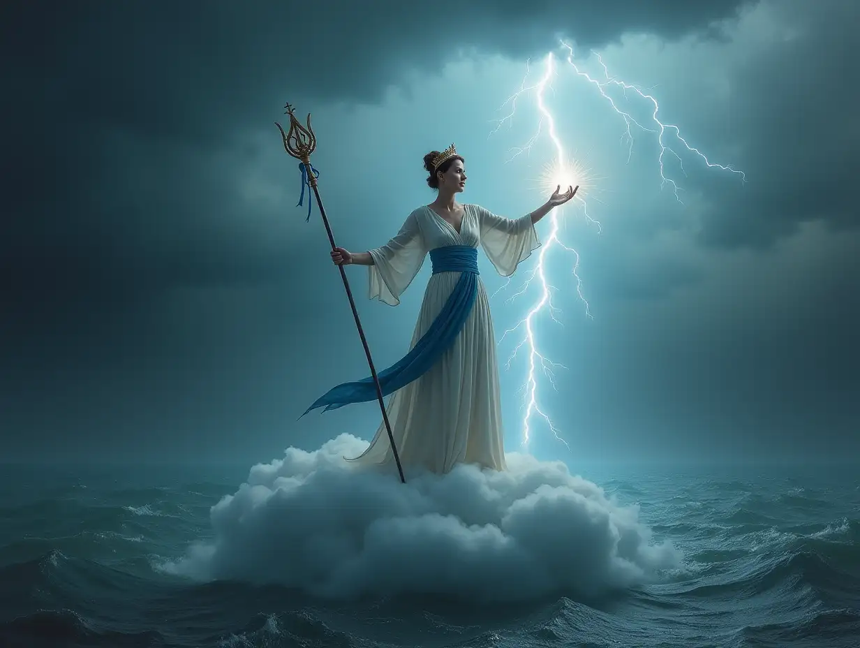 a woman standing on a cloud in the middle of a stormy sky. She is wearing a long, flowing white dress with a blue sash tied around her waist. Her hair is tied up in a bun and she has a crown on her head. The woman is holding a staff in her right hand and a lightning bolt in her left hand. The lightning bolt is striking down from the sky, creating a dramatic and powerful scene. The sky is dark and cloudy, and the water below is choppy and turbulent. The overall mood of the image is dramatic