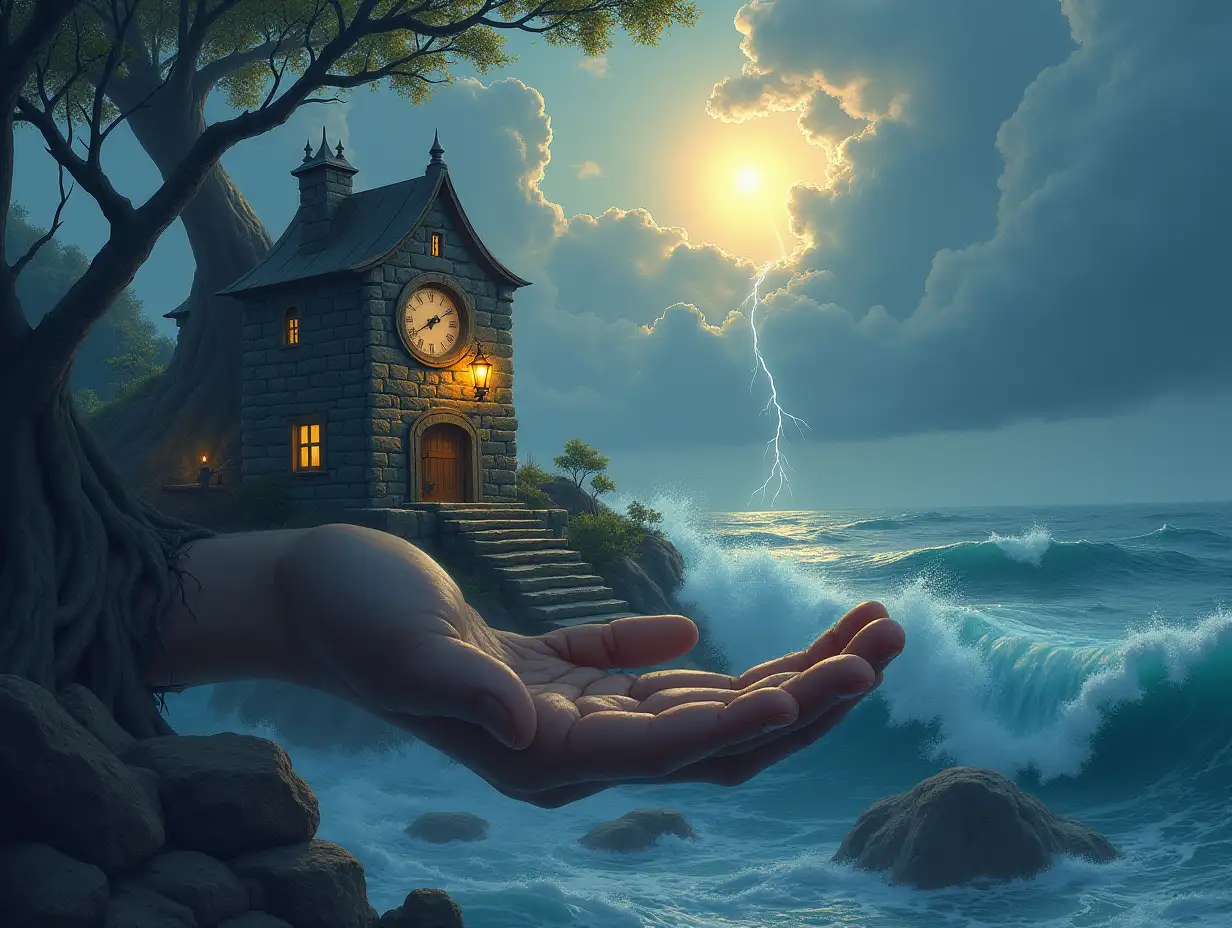 Creating a digital painting of a hand with a building with stones and lighting. Trees with roots and rocks and a lantern far below is the sea, with a large clock. With a big tower, sky, lanterns and and the sun shines through the clouds, from the sea is a stairway to heaven Very big waves and lightning