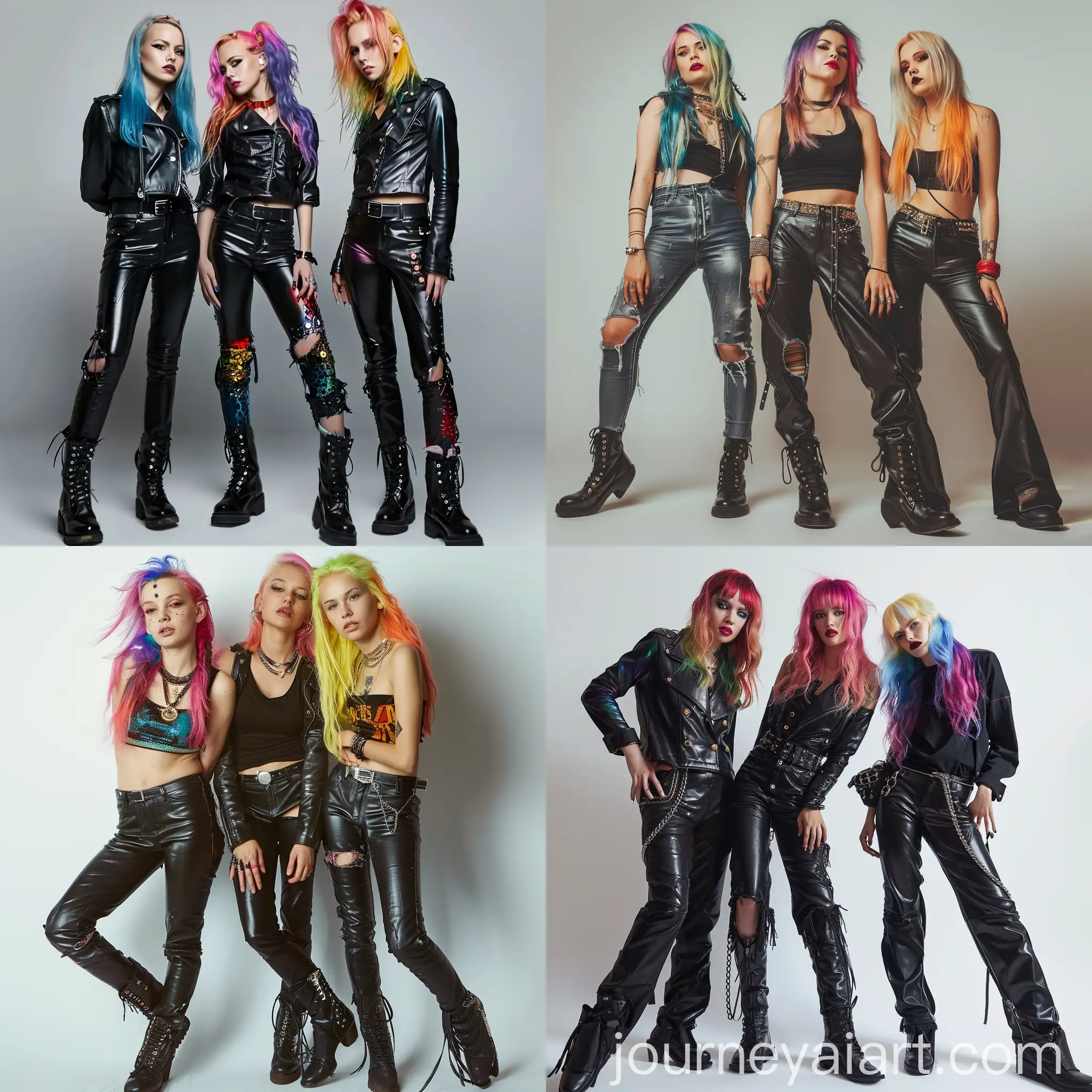 Three-Finnish-Women-in-Alternative-Rock-Style-with-Colorful-Hair-and-Leather-Pants-in-Photo-Studio