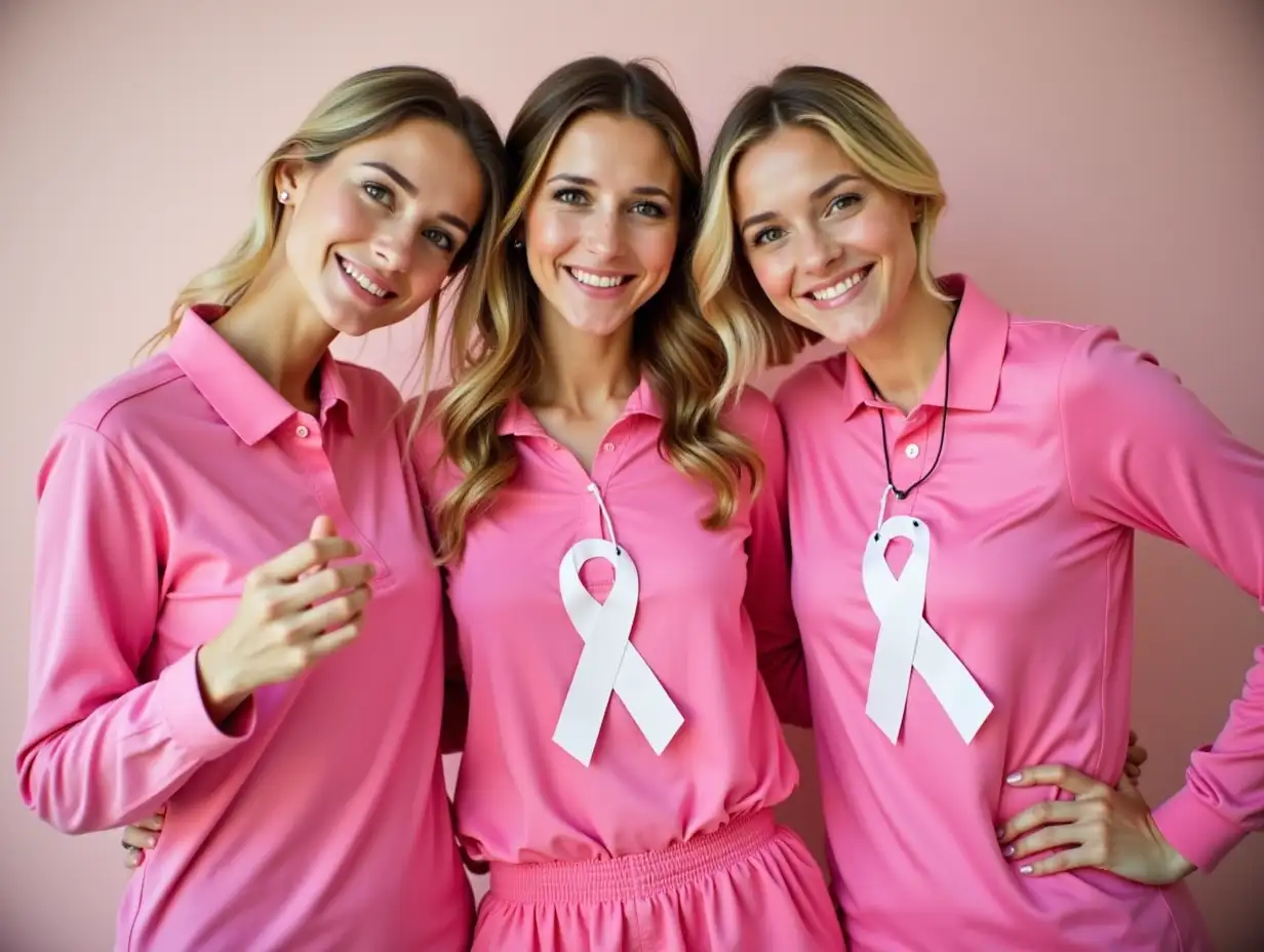 Woman in pink outfits showing ribbon for breast cancer awareness