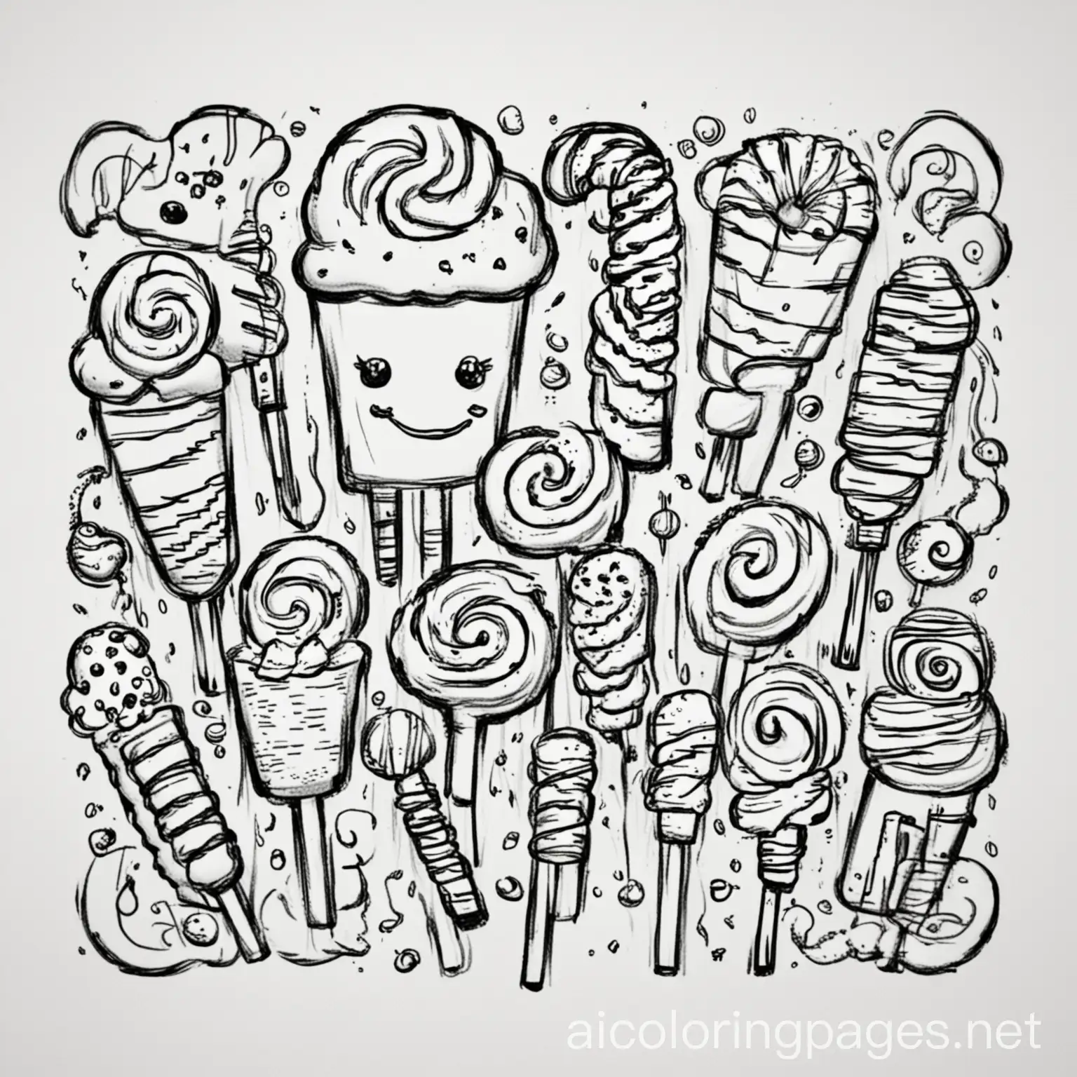 anthropomorphic candy treats, simplicity, white background, black lines, Coloring Page, black and white, line art, white background, Simplicity, Ample White Space. The background of the coloring page is plain white to make it easy for young children to color within the lines. The outlines of all the subjects are easy to distinguish, making it simple for kids to color without too much difficulty