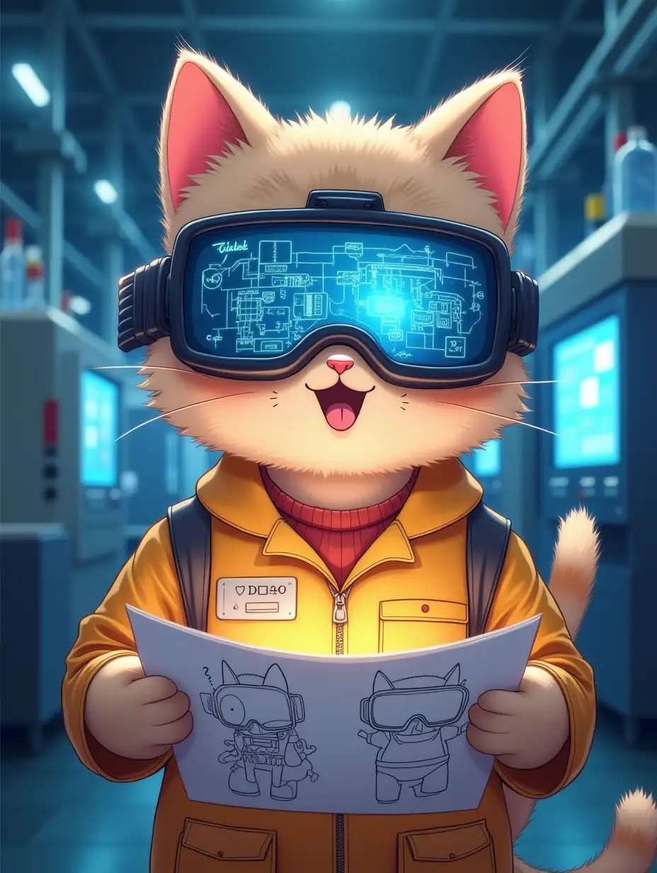 kawaii positive chibi fluffy happy cat kawaii positive chibi fluffy happy cat mechanical engineer wearing augmented reality glasses, In front of the glasses is a futuristic glowing electronic circuit diagram of the equipment, engineer holds a paper drawing of the equipment in an atmosphere of magical lighting, in the background factory with cnc machines with scientific equipment, paint in anime style, paint in anime style