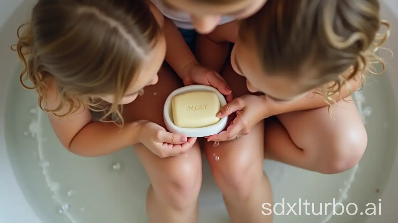 Mother-Helping-Two-Little-Girls-Wash-Mouths-with-Soap-Bubbles