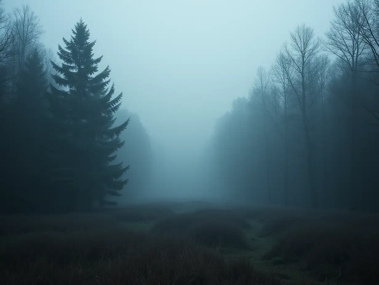 Moody forest landscape with fog and mist