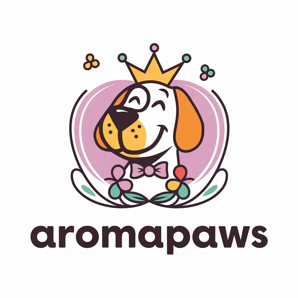 LOGO Design for AromaPaws Happy Dog with Bow Tie and Floral Accents