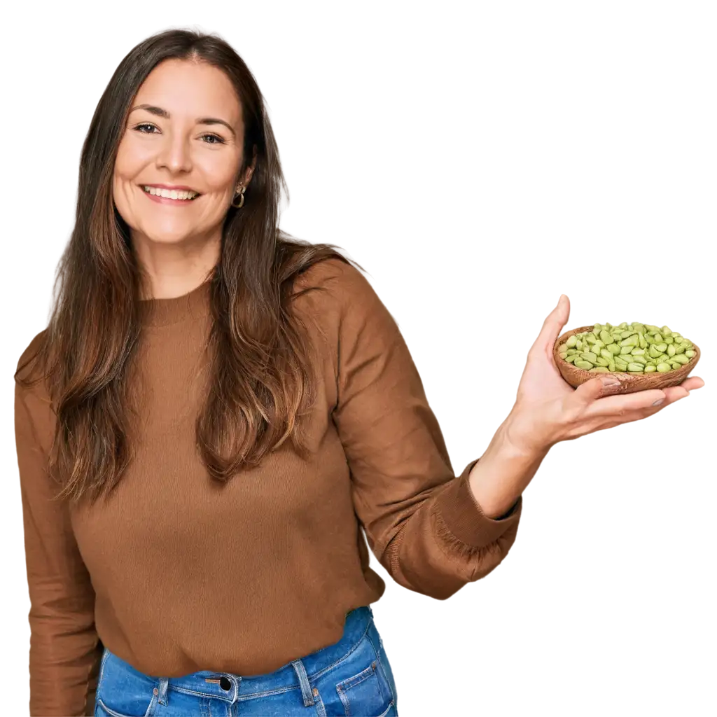 40YearOld-Woman-Holding-Pistachio-Candle-PNG-Ideal-for-Lifestyle-and-Wellness-Branding