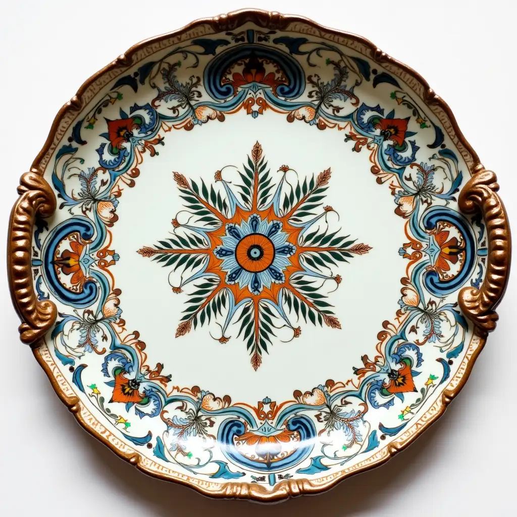 Ruffled edge circle ceramic tray with embossed beautiful handle,Underglaze painting on white body、 Fine art, Hyper detailed, Antique and old, Qajar art, Iranian Tabriz carpet design