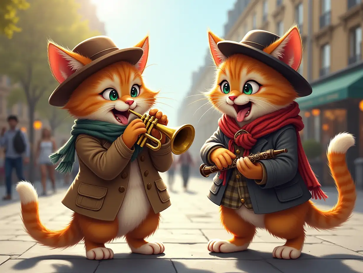 Two anthropomorphic cats dressed as French street musicians, with hats and colorful scarves, playing music on a sunny square in Paris. One of them plays the trumpet with energy, with wavy legs and a swollen mouth, while the other, with a clarinet, looks more relaxed, with the tongue between the teeth and an expression of extreme concentration.