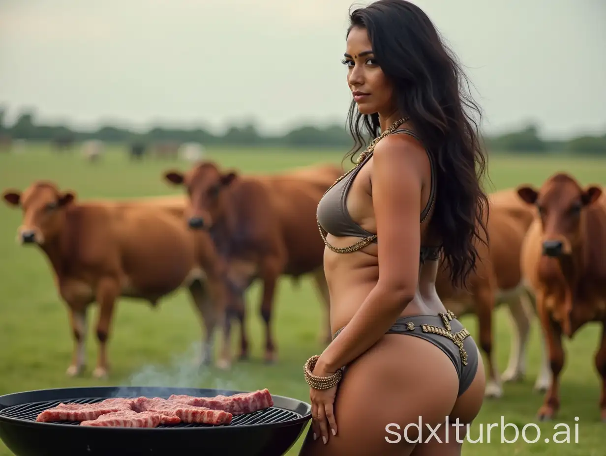 Indian-Woman-Grilling-Steak-with-Cows-Grazing-in-Background