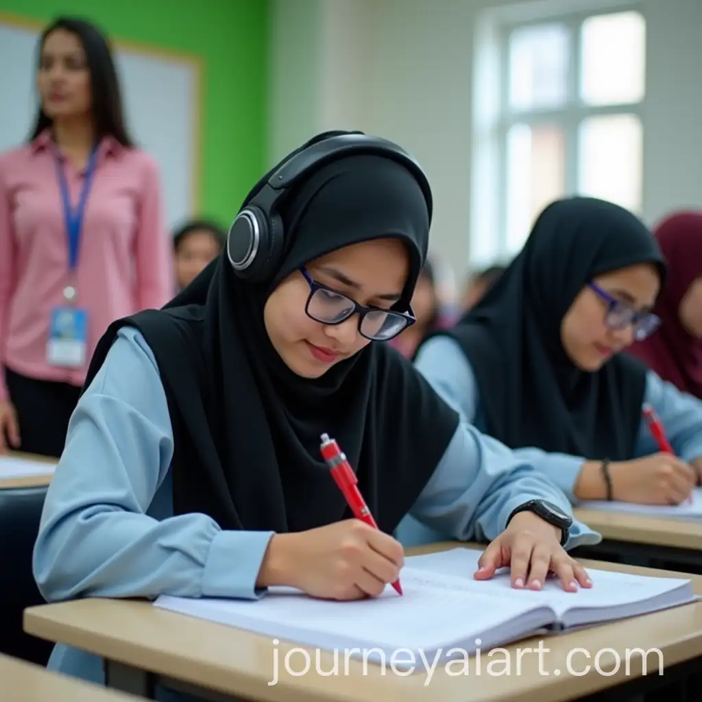 Saudi-Arabian-Woman-Taking-an-Exam-in-a-Bright-Classroom-with-Students-and-Teacher