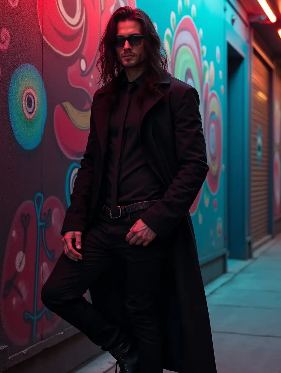 Sexy gothic man, long hair, street art painting, gothic look, black clothes, shirt, necktie, boots, trench, glasses, neon street background, model posing, dynamic angle