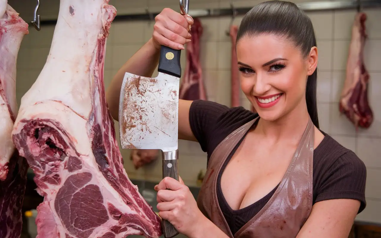 Seductive-Woman-Carving-Carcass-with-Butchers-Knife-in-Dark-Setting