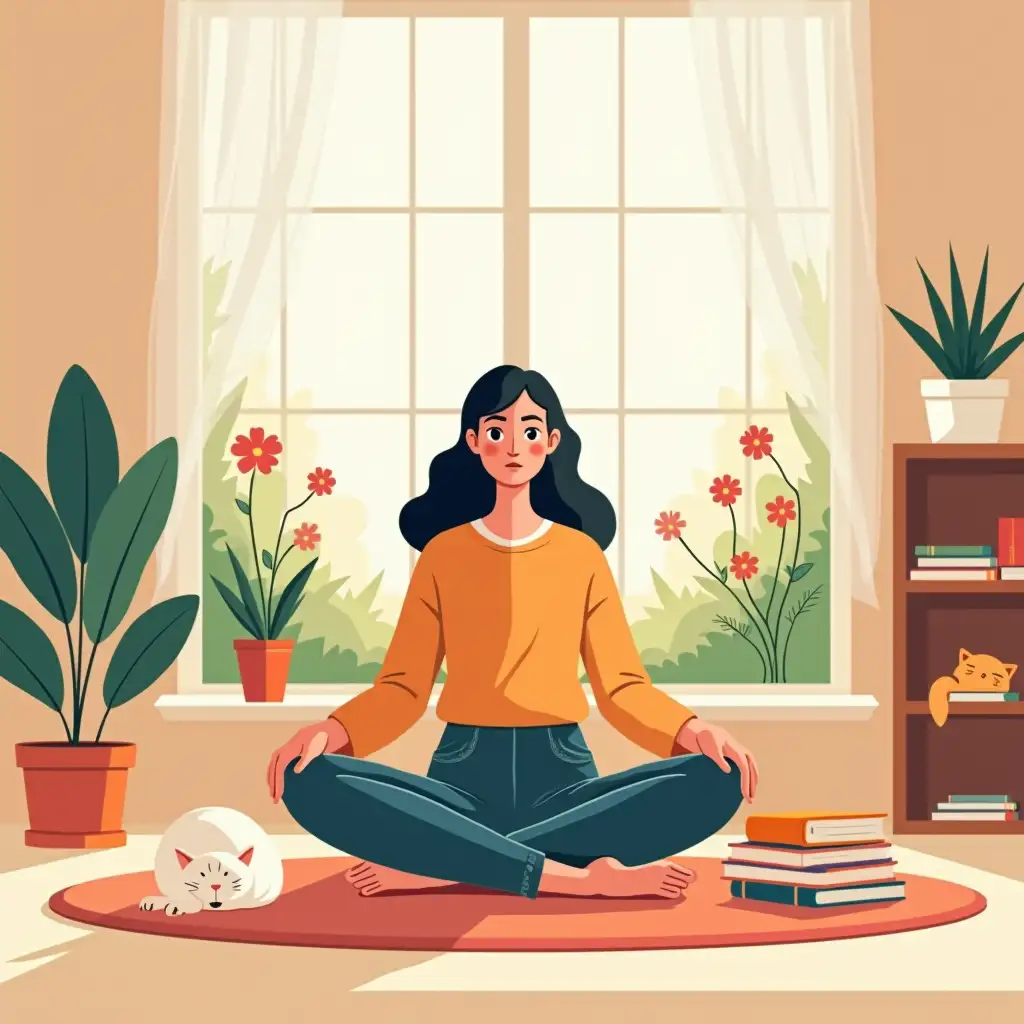 A young woman sitting cross-legged on the floor of a cozy living room. She is surrounded by books, plants, and a sleeping cat. Behind her is a large window with soft light streaming in, and outside the window, a garden with blooming flowers. The flat art style emphasizes clean lines, warm tones, and minimal yet vibrant details.