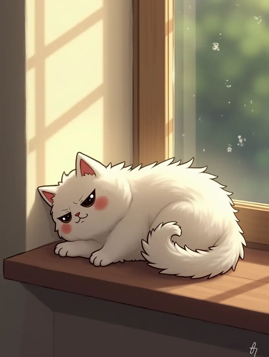A chubby white cat with a grumpy face lies on a windowsill. She slowly blinks, flicks her tail, and lets out a quiet sigh. Sunlight warms her fur while dust floats in the light. The scene loops peacefully.