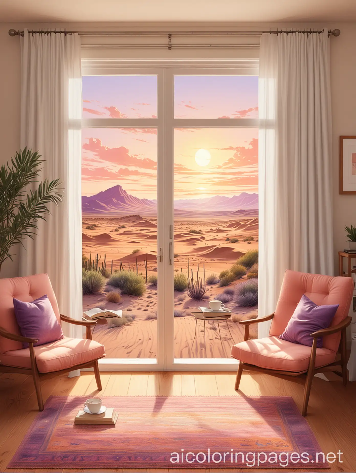 Tranquil-Evening-Scene-Desert-View-through-Cozy-Living-Room-Window