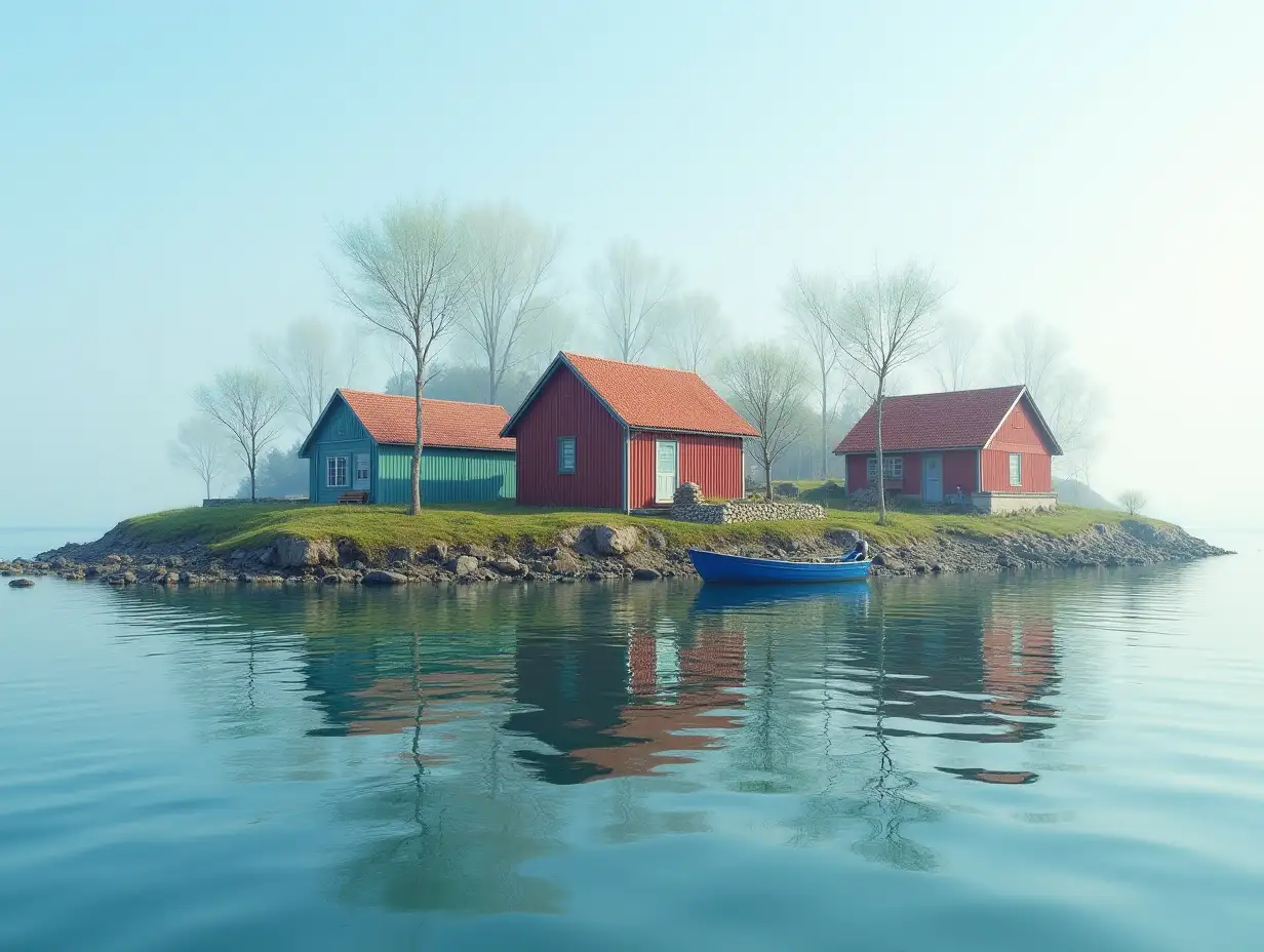 Idyllic houses on an island with fisherman's nets and a small boat.-real photo triple exposure basic idea of something Beautiful photo colorful shots