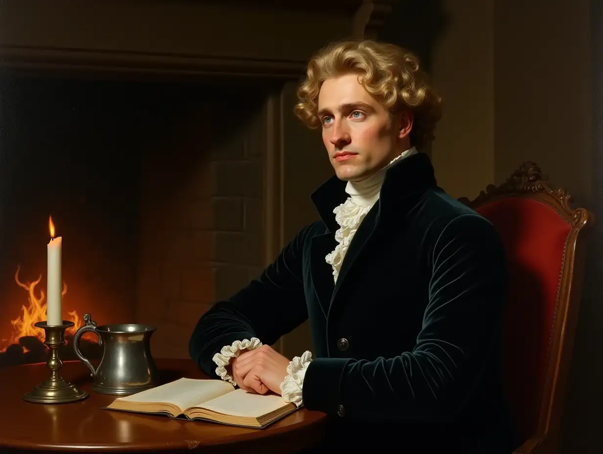 Portrait of a Handsome Man in 18th Century Velvet with Candle and Ale