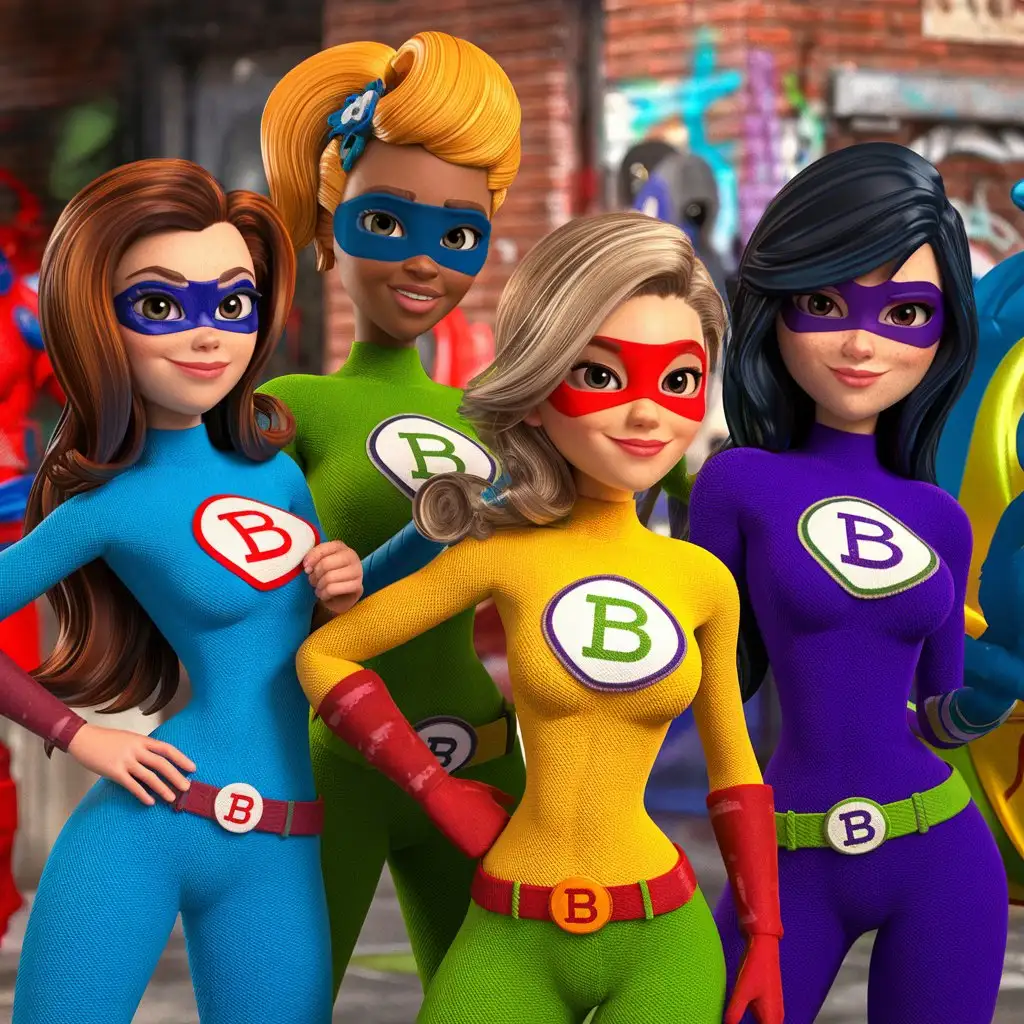 Four-Beautiful-Women-in-Superhero-Costumes-on-City-Street