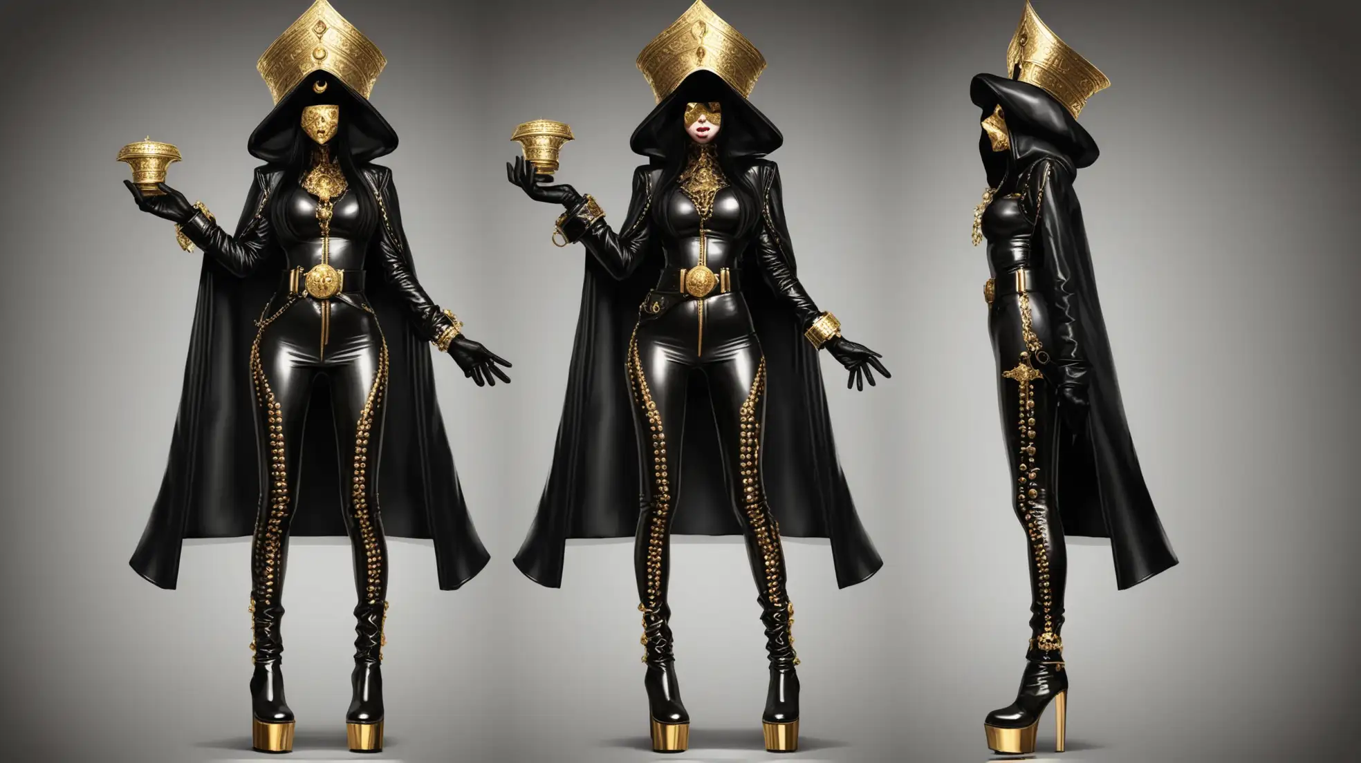 Priestess with black hood with openings for eyes and mouth over her face, black leather blouse with golden buttons, golden collar necklace, tight shiny black leather leggings, black fur coat, black leather platform boots, black leather gloves, golden waist belt, black leather purse with golden ornaments in her hand, full body view, black tall bishops leather hat on her head