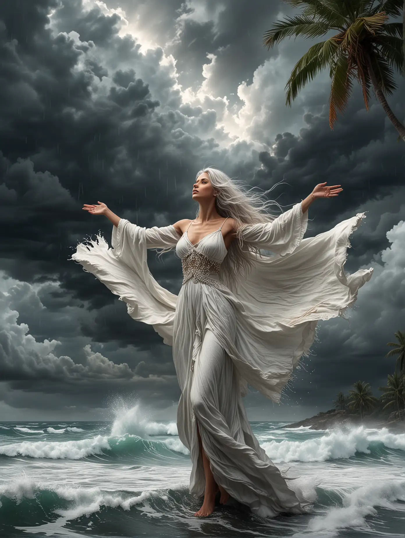 Beauty goddess of the ocean, clothed in white with hair, stands with arms raised above the stormy sea, Eye level view, The sky is covered with dark clouds, palm tree, fantasy art