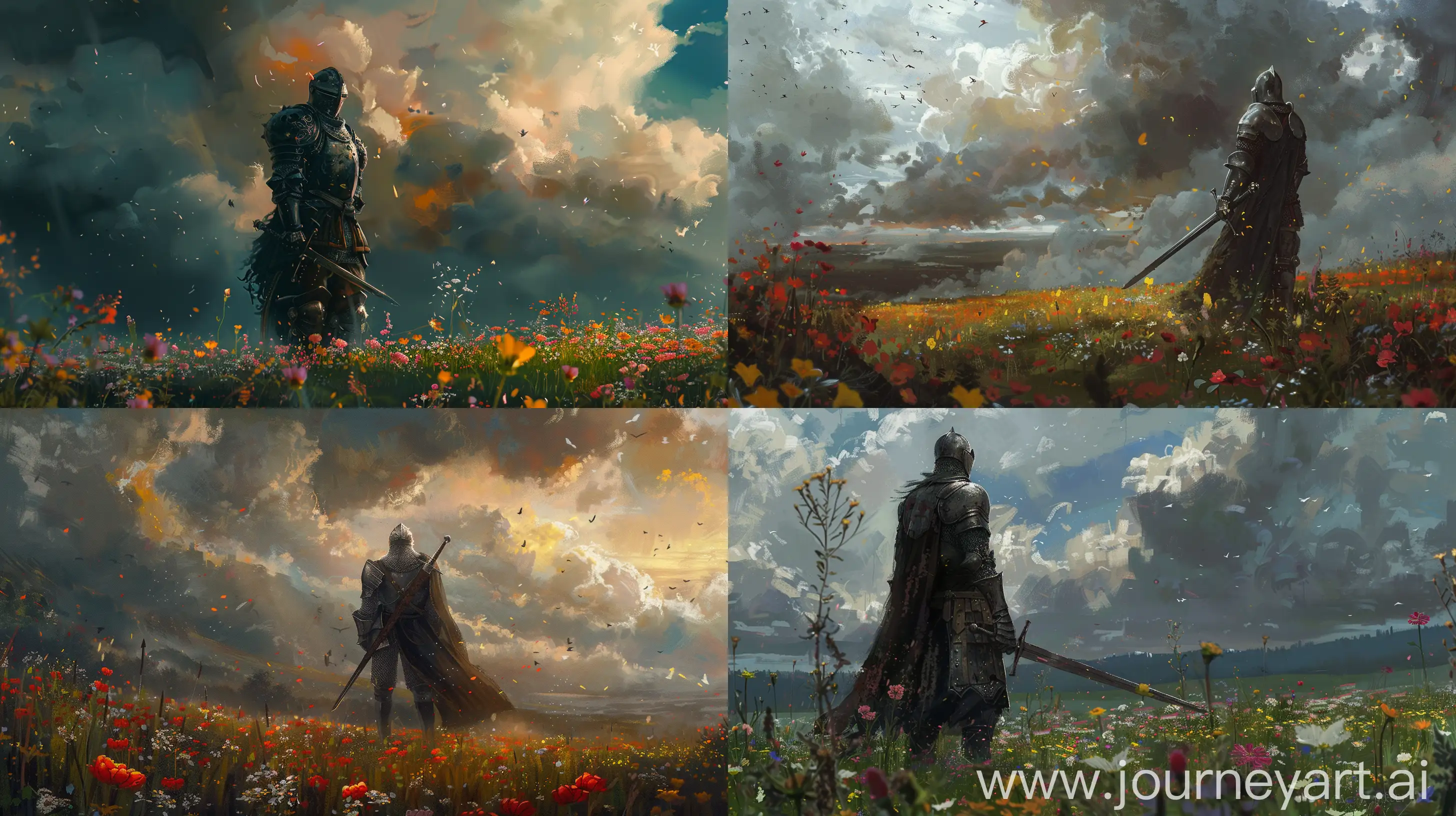 Medieval-Fantasy-Knight-in-a-Flower-Field-Under-a-Cloudy-Sky