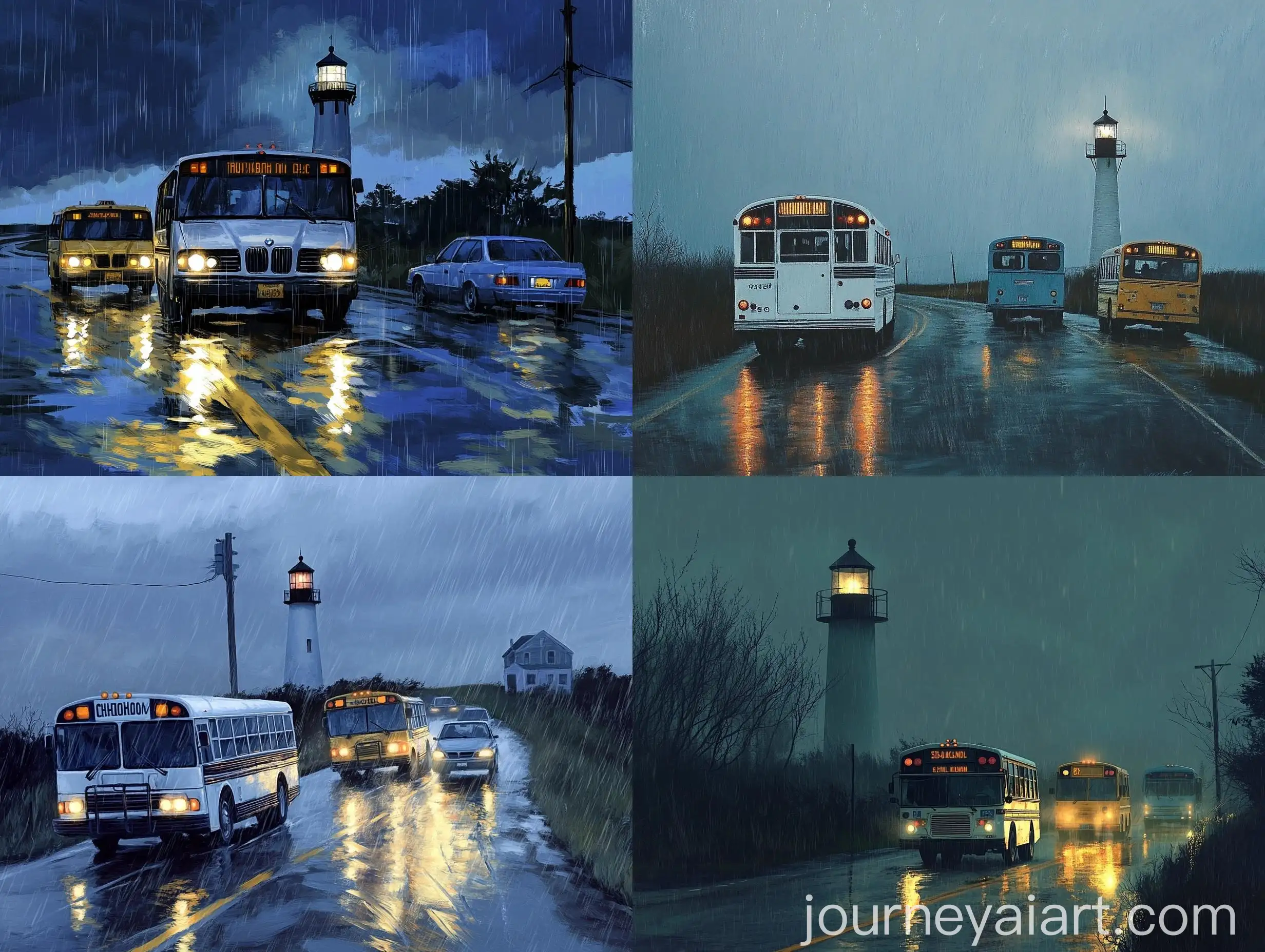 Morning-Rain-at-School-with-Lighthouse-and-Three-Colorful-Buses