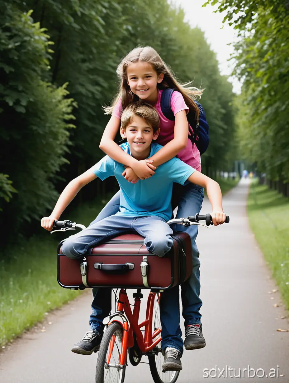 teenage boy is riding a bicycle and a 9year-old girl is riding behind him on the bicycle´s luggage rack, holding her arms around the boy´s belly
